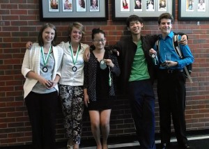 From Left: Lauren Fessler, freshman Ciera Dykstra, freshman Mandarin Foster, freshman XuSong Ho, sophomore (varsity member) Aidan Dykstal, freshman Photo Credit: Speech and Debate team 