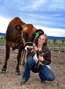 Larimer County Dairy Princess Lauren Schneider and Jersey cow Tinker Bell. Photo courtesy of Lauren Schneider.