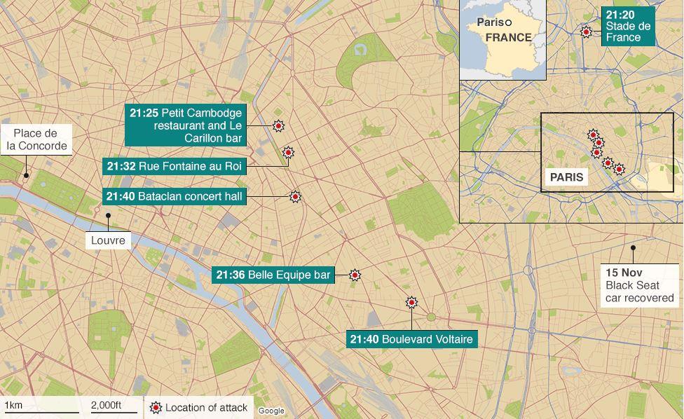 A map showing the location of all the terrorists attacks. (Photo Credit: BBC News.)